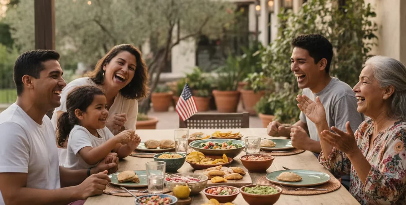 Hispanic family enjoying a BBQ with American flag